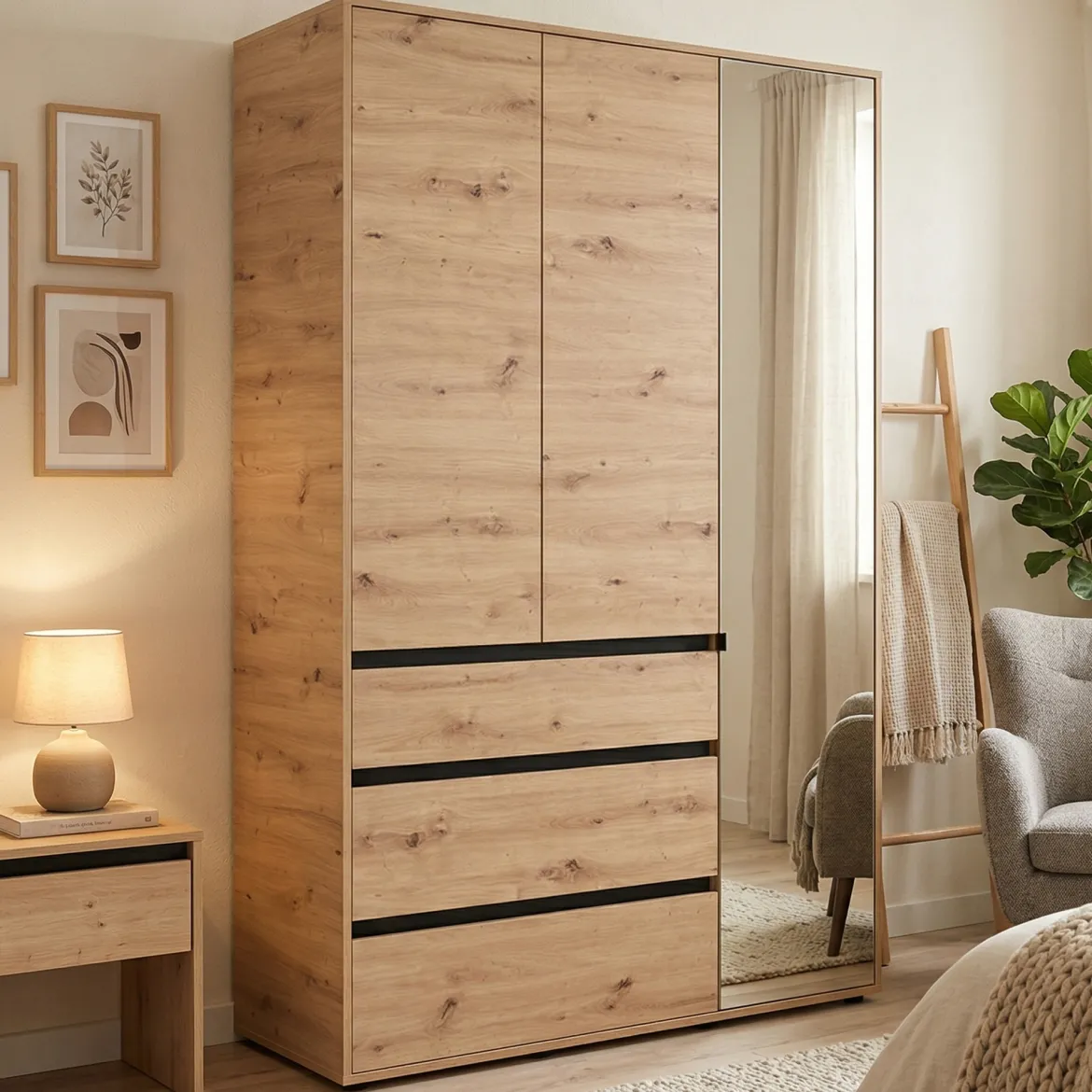 Guardaroba 3 Ante Marrone Rovere Nodi Nero Appendiabiti un Cassetto 117x52 cm, 5 Ripiani - Patzcu