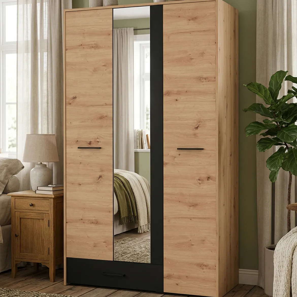 Guardaroba 3 Ante Marrone Rovere Nodi Nero Appendiabiti un Cassetto 138x54.5 cm, 5 Ripiani - Ilbono