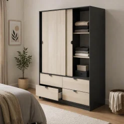 Guardaroba 2 Ante Nero Antracite Marrone Rovere 4 Cassetti 2 Ripiani 140x200h cm, Appendiabiti - Ponna