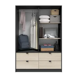 Guardaroba 2 Ante Nero Antracite Marrone Rovere 4 Ripiani 2 Ante 100x119h cm, Apertura Scorrevole - Resana