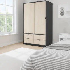 Guardaroba 2 Ante Nero Antracite Marrone Rovere 4 Ripiani 2 Ante 100x119h cm, Apertura Scorrevole - Resana