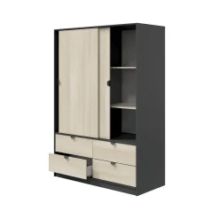 Guardaroba 2 Ante Nero Antracite Marrone Rovere 4 Ripiani 2 Ante 100x119h cm, Apertura Scorrevole - Resana
