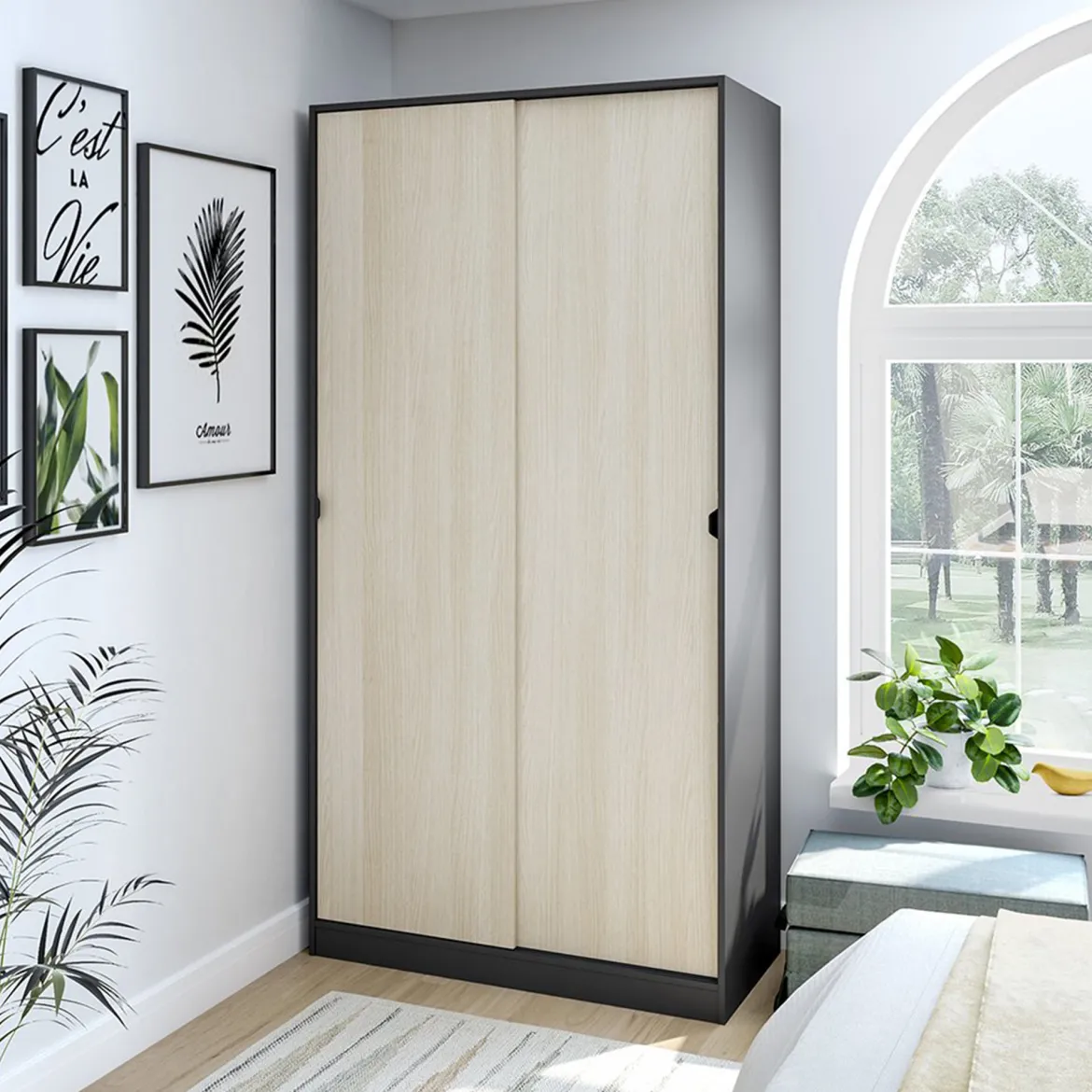 Guardaroba 2 Ante Nero Antracite Marrone Rovere 4 Ripiani Appendiabiti 100x200h cm, 2 Ante - Orgosolo