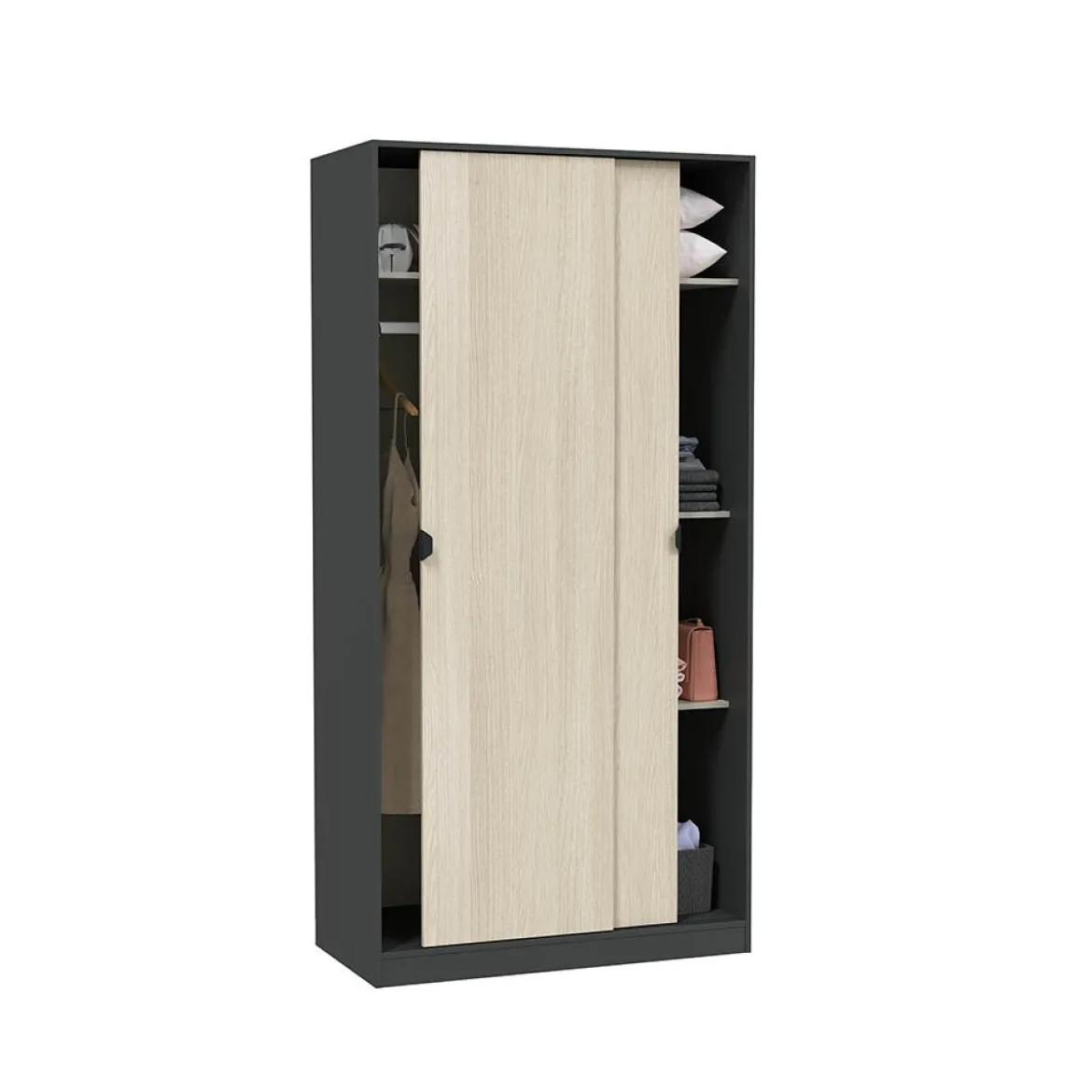 Guardaroba 2 Ante Nero Antracite Marrone Rovere 4 Ripiani Appendiabiti 100x200h cm, 2 Ante - Orgosolo