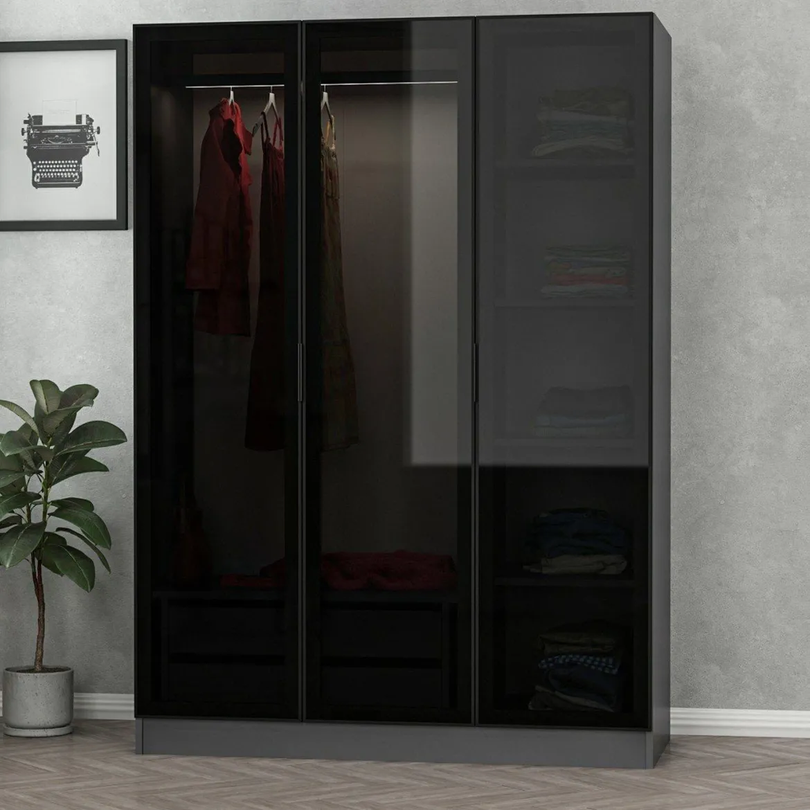 Guardaroba 3 Ante Nero Antracite Marrone Rovere 4 Ripiani Appendiabiti 150x50 cm, 3 Ante - Senales