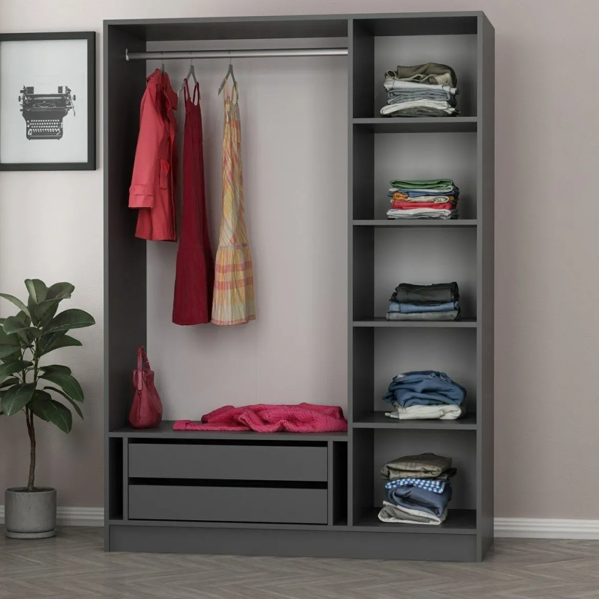 Guardaroba 3 Ante Nero Antracite Marrone Rovere 4 Ripiani Appendiabiti 150x50 cm, 3 Ante - Senales