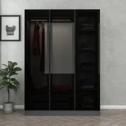 Guardaroba 3 Ante Nero Antracite Marrone Rovere 4 Ripiani Appendiabiti 150x50 cm, 3 Ante - Senales