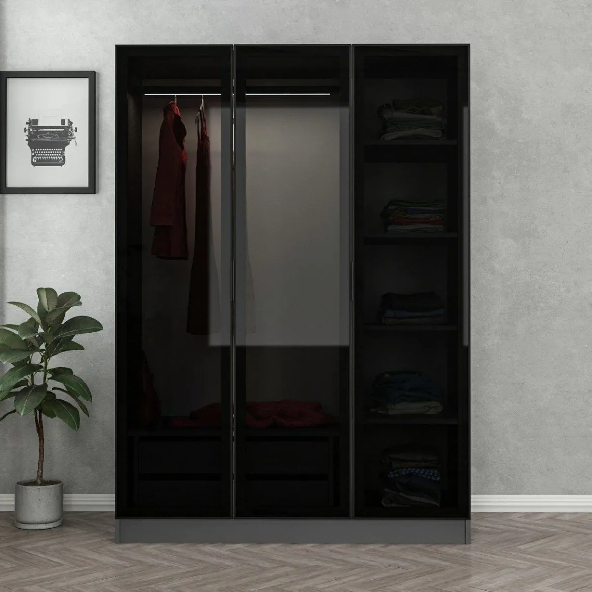 Guardaroba 3 Ante Nero Antracite Marrone Rovere 4 Ripiani Appendiabiti 150x50 cm, 3 Ante - Senales