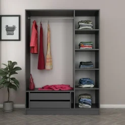 Guardaroba 3 Ante Nero Antracite Marrone Rovere 4 Ripiani Appendiabiti 150x50 cm, 3 Ante - Senales