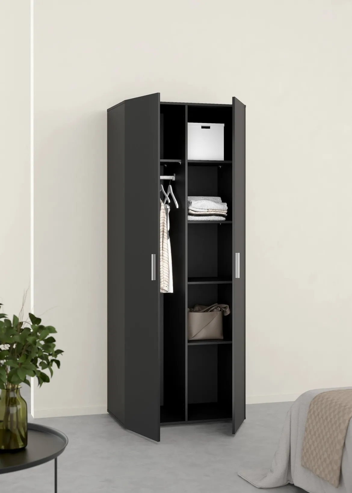 Guardaroba 2 Ante Nero Appendiabiti 5 Ripiani 78.7x200.9h cm, Apertura Battente - Argor
