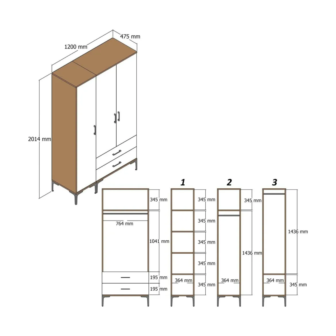 Guardaroba 3 ante noce e bianco 120x201h cm - Awty