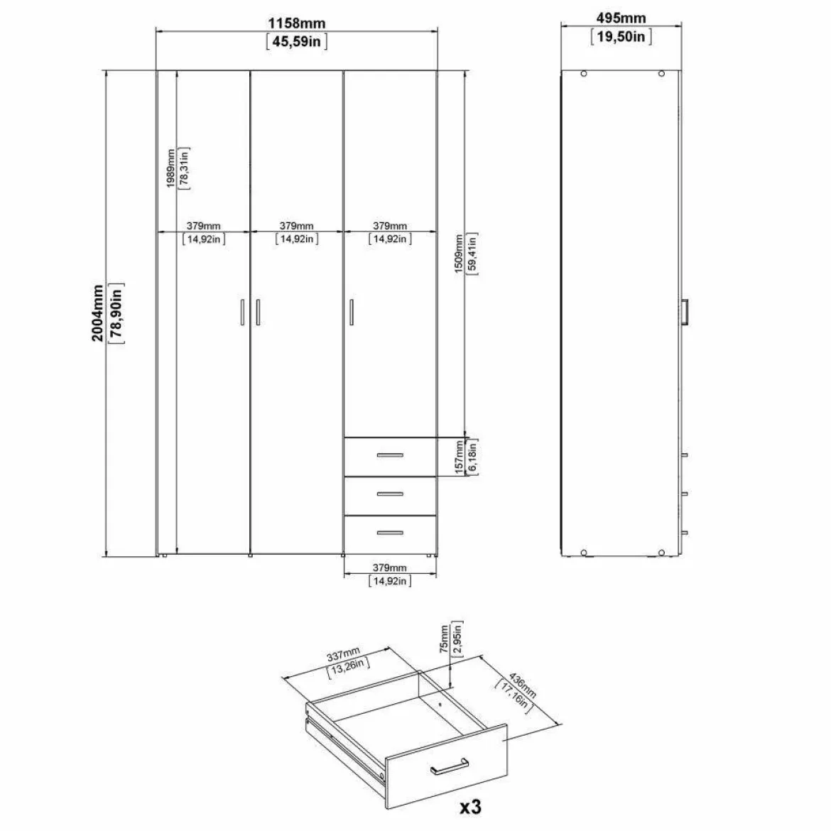 Guardaroba 3 ante Suzette, Mobile camera da letto, Cabina armadio portabiti, Armadio appendiabiti, 116x50 h200 cm, Bianco
