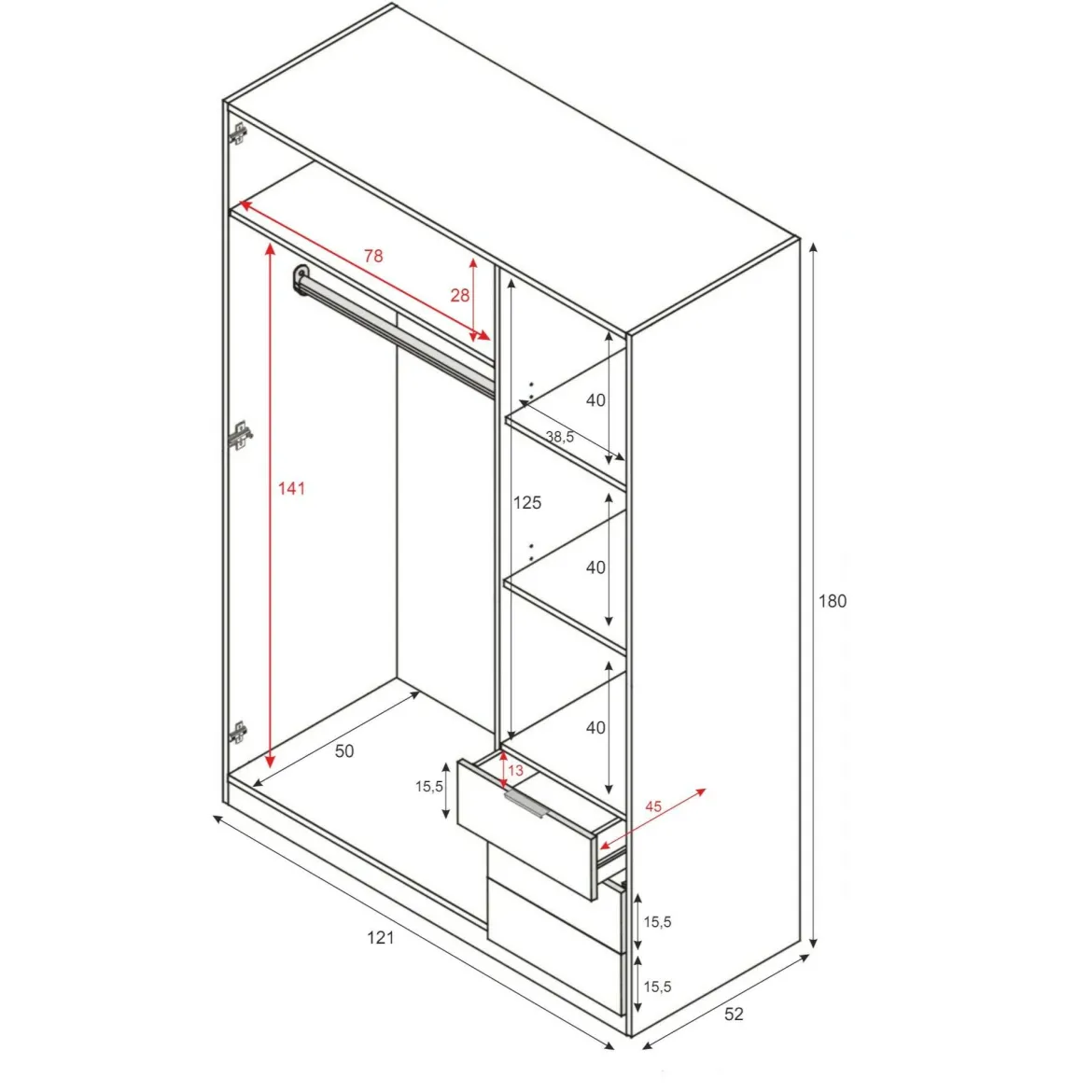 Guardaroba con appendiabiti bianco e rovere 121x180h cm - Apaches