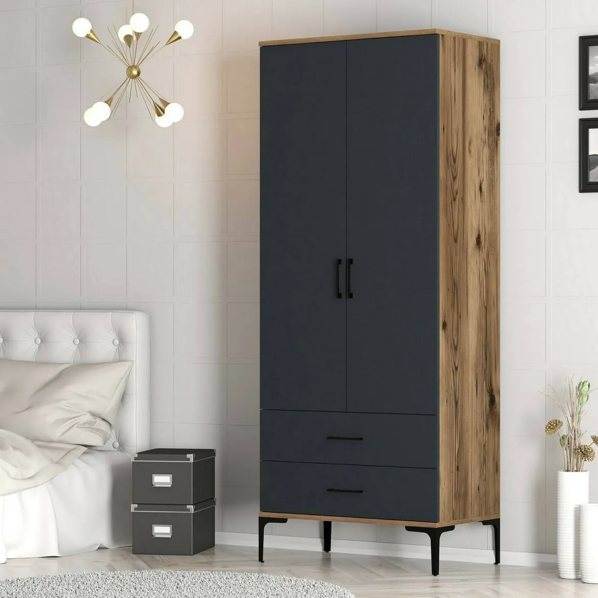 Guardaroba con cassetti noce e antracite 80x200h cm - Doriana