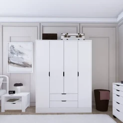 Guardaroba Grande Bianco Appendiabiti 9 Ripiani 140x182h cm, 2 Cassetti - Paterno