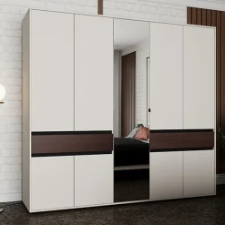 Guardaroba Grande Bianco Crema Marrone Noce 2 Cassetti 7 Ripiani 228x211h cm, Appendiabiti - Ubud