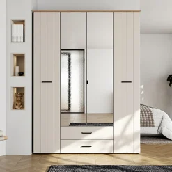 Guardaroba Grande Bianco Crema Marrone Rovere 2 Cassetti 8 Ripiani 157x208h cm, Appendiabiti - Pokhar