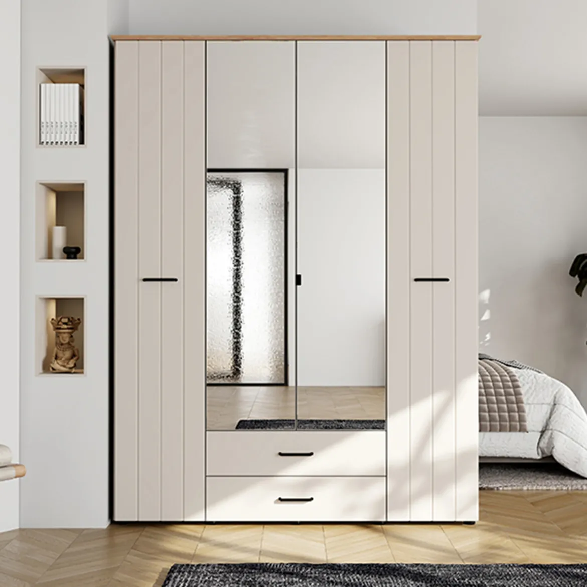 Guardaroba Grande Bianco Crema Marrone Rovere 2 Cassetti 8 Ripiani 157x208h cm, Appendiabiti - Pokhar