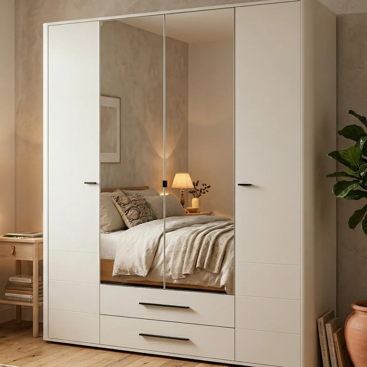 Guardaroba Grande Bianco Crema Nero 9 Ripiani 2 Cassetti 179.5x210.5h cm, Appendiabiti - Taburno