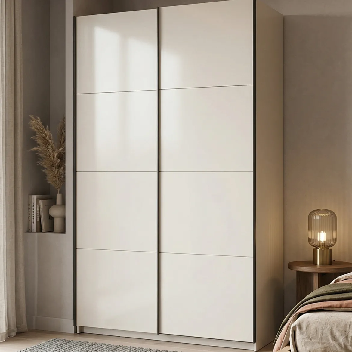 Guardaroba Grande Bianco Crema Nero Appendiabiti 2 Ripiani 145.5x217.5h cm, Apertura Scorrevole - Tredozio