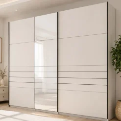 Guardaroba Grande Bianco Crema Nero Appendiabiti 2 Ripiani 245x217.5h cm, Apertura Scorrevole - Peio