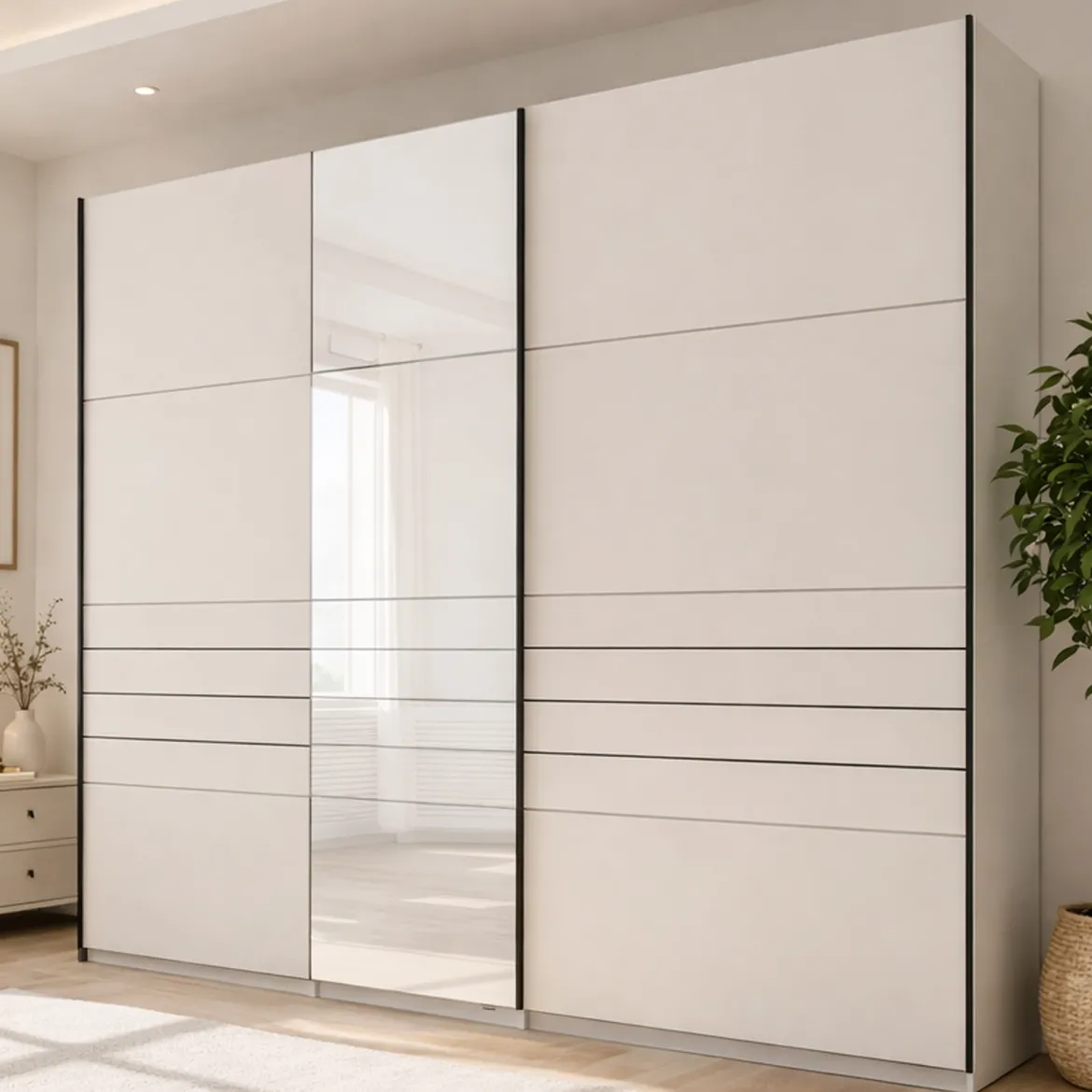 Guardaroba Grande Bianco Crema Nero Appendiabiti 2 Ripiani 245x217.5h cm, Apertura Scorrevole - Peio