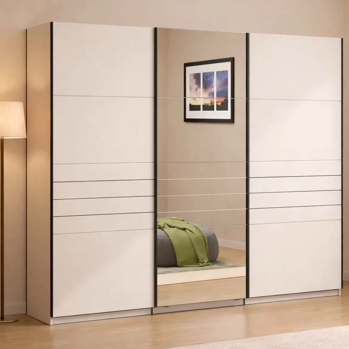 Guardaroba Grande Bianco Crema Nero Appendiabiti 3 Ripiani 267x217h cm, Apertura Scorrevole - Tures