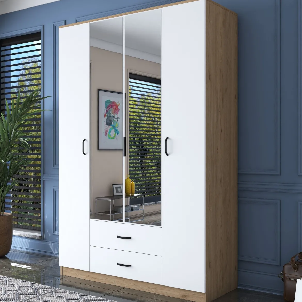 Guardaroba Grande Bianco Marrone 2 Cassetti 11 Ripiani 210x210h cm, Appendiabiti - Verdello