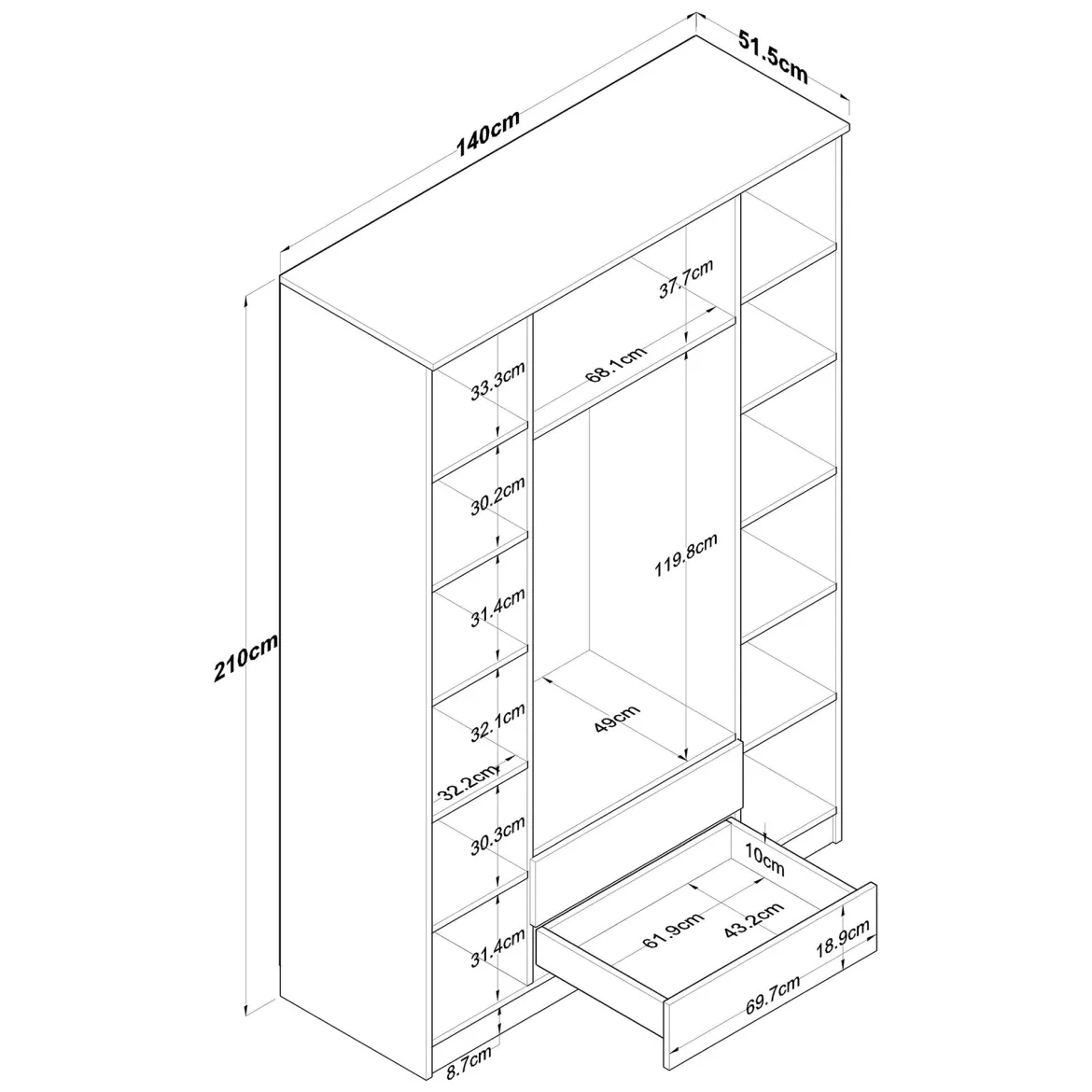 Guardaroba Grande Bianco Marrone 2 Cassetti 11 Ripiani 210x210h cm, Appendiabiti - Verdello