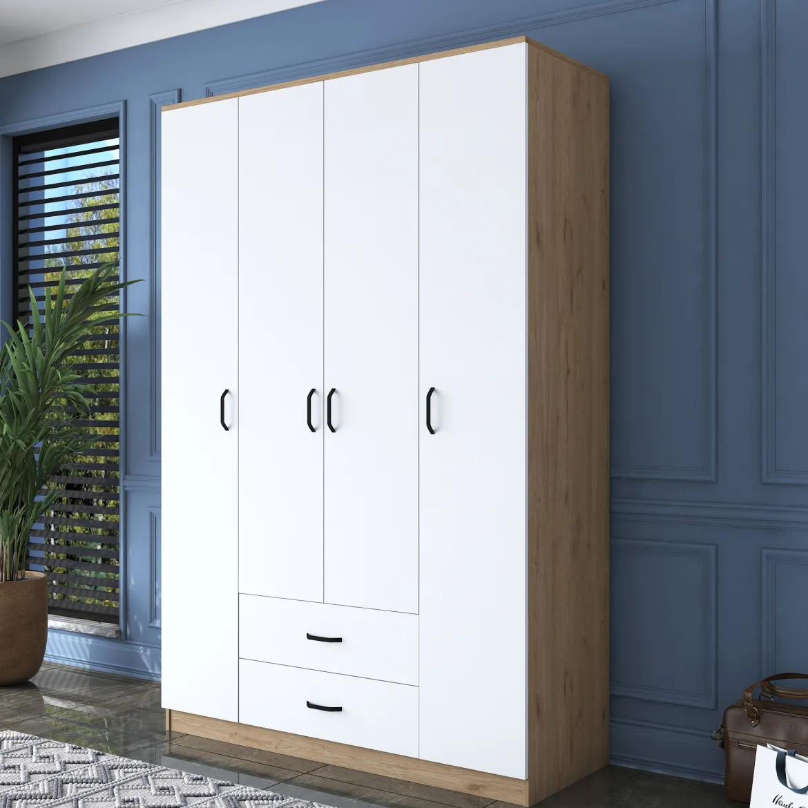 Guardaroba Grande Bianco Marrone Rovere 11 Ripiani Appendiabiti 45x205h cm, 4 Cassetti - Tequesta