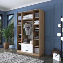 Guardaroba Grande Bianco Marrone Rovere 11 Ripiani Appendiabiti 45x205h cm, 4 Cassetti - Tequesta