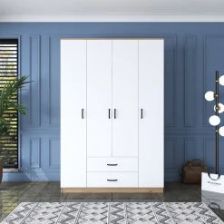 Guardaroba Grande Bianco Marrone Rovere 11 Ripiani Appendiabiti 45x205h cm, 4 Cassetti - Tequesta