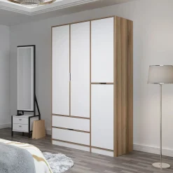 Guardaroba Grande Bianco Marrone Rovere 2 Cassetti Appendiabiti 140x208h cm, 3 Ripiani - Serle