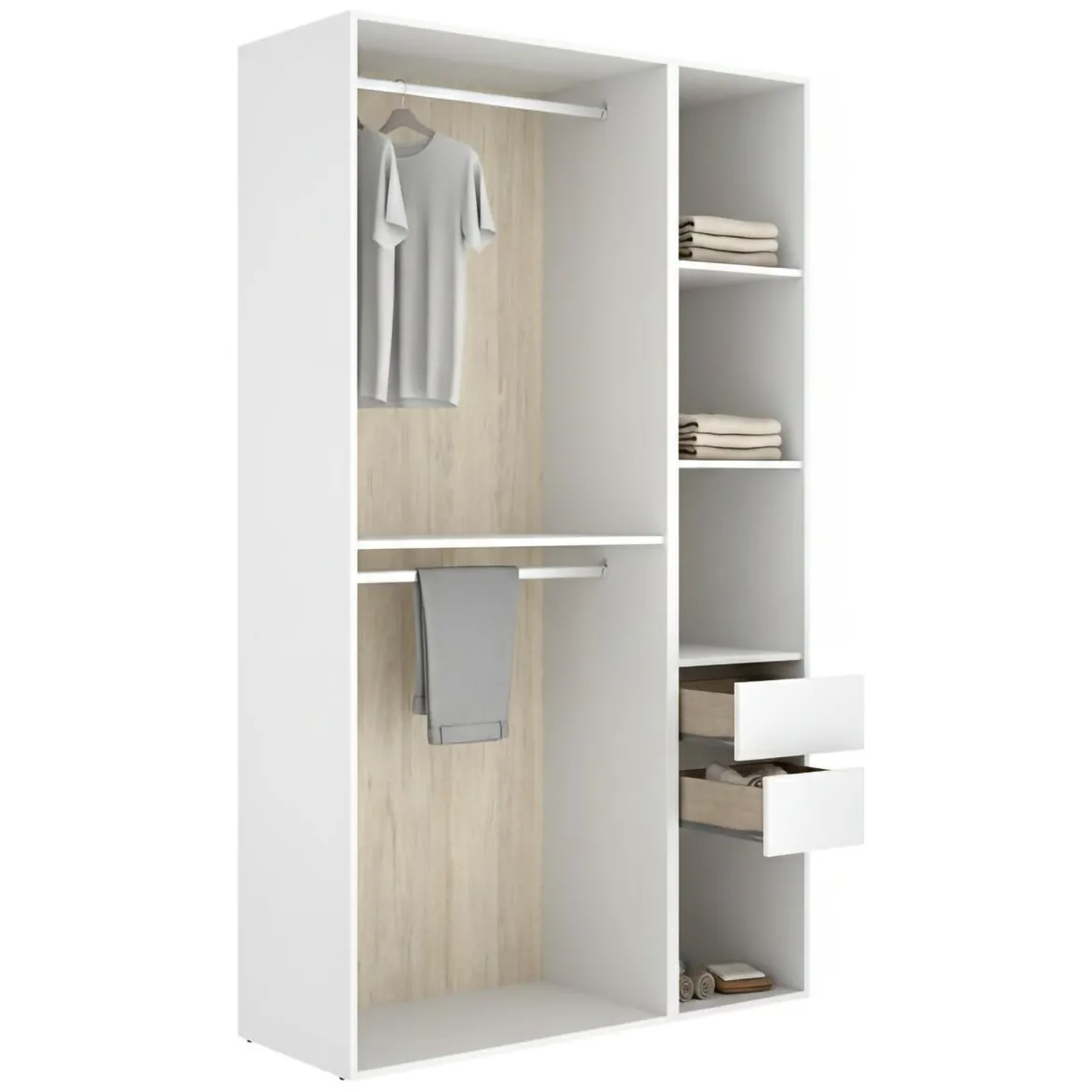 Guardaroba Grande Bianco Marrone Rovere 4 Ripiani Appendiabiti 45x205h cm, 2 Cassetti - Fellowship