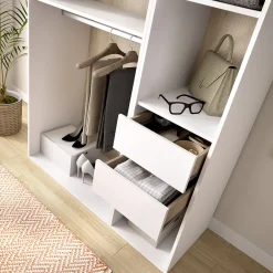 Guardaroba Grande Bianco Marrone Rovere 4 Ripiani Appendiabiti 45x205h cm, 2 Cassetti - Fellowship
