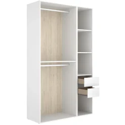 Guardaroba Grande Bianco Marrone Rovere 4 Ripiani Appendiabiti 45x205h cm, 2 Cassetti - Fellowship