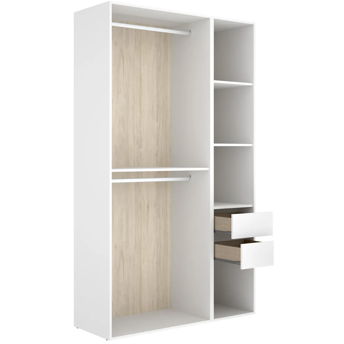 Guardaroba Grande Bianco Marrone Rovere 4 Ripiani Appendiabiti 45x205h cm, 2 Cassetti - Fellowship