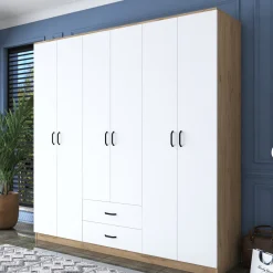 Guardaroba Grande Bianco Marrone Rovere 5 Ripiani Appendiabiti 45x205h cm, 2 Cassetti - Rector