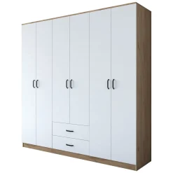 Guardaroba Grande Bianco Marrone Rovere 5 Ripiani Appendiabiti 45x205h cm, 2 Cassetti - Rector