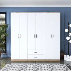 Guardaroba Grande Bianco Marrone Rovere 5 Ripiani Appendiabiti 45x205h cm, 2 Cassetti - Rector