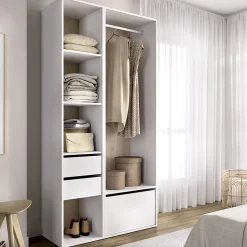 Guardaroba Grande Bianco Marrone Rovere 7 Ripiani Appendiabiti 45x205h cm, 4 Cassetti - Bellwood