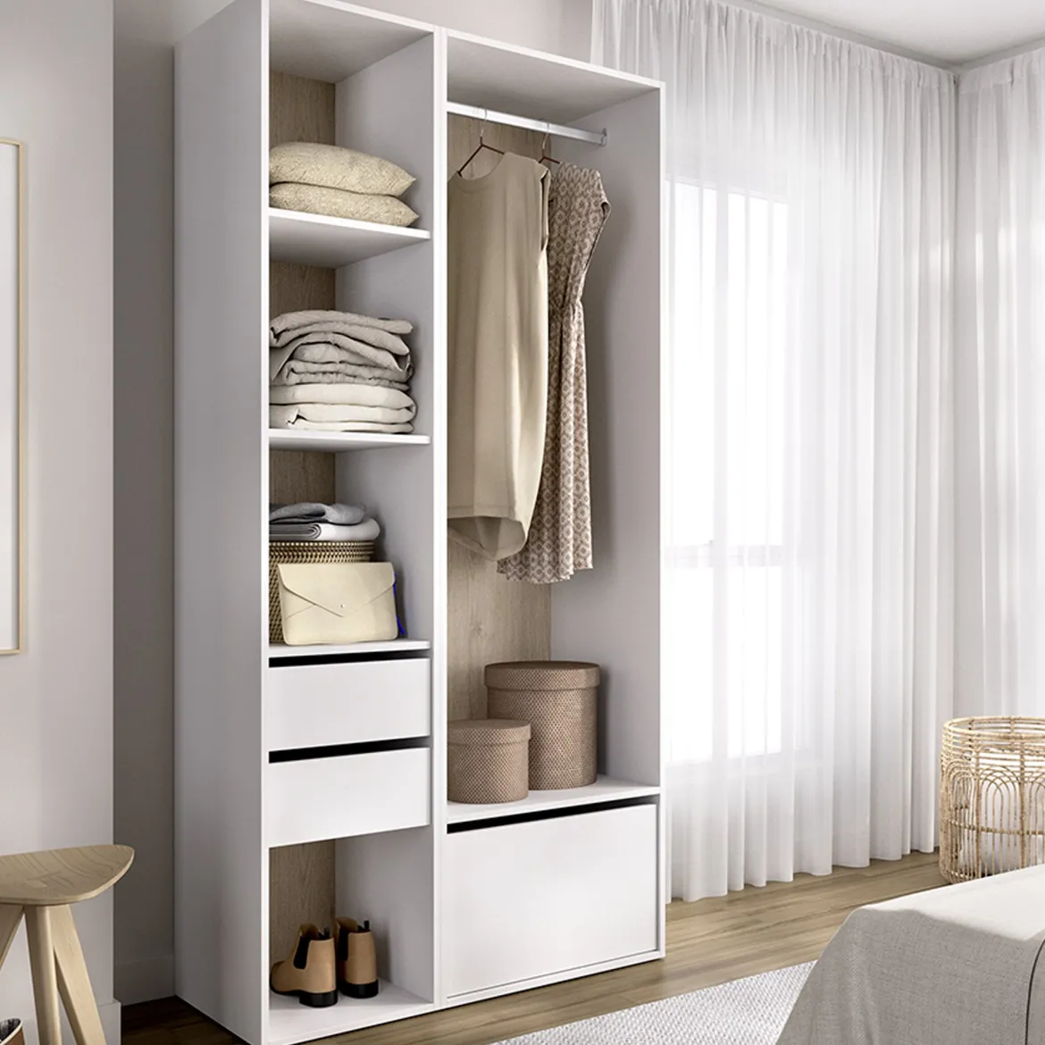 Guardaroba Grande Bianco Marrone Rovere 7 Ripiani Appendiabiti 45x205h cm, 4 Cassetti - Bellwood