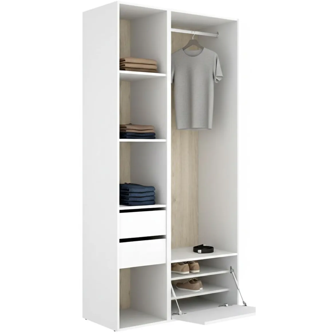 Guardaroba Grande Bianco Marrone Rovere 7 Ripiani Appendiabiti 45x205h cm, 4 Cassetti - Bellwood