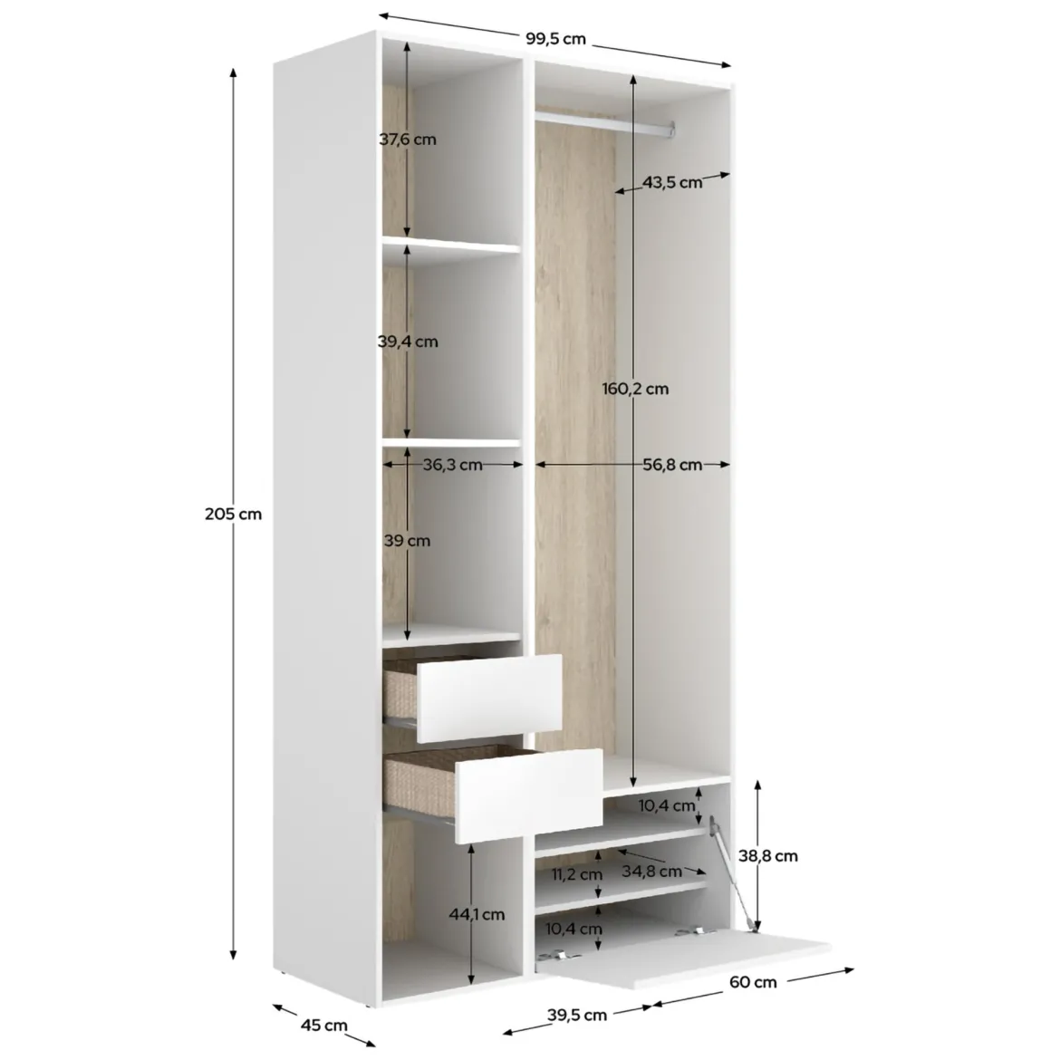 Guardaroba Grande Bianco Marrone Rovere 7 Ripiani Appendiabiti 45x205h cm, 4 Cassetti - Bellwood