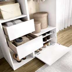 Guardaroba Grande Bianco Marrone Rovere 7 Ripiani Appendiabiti 45x205h cm, 4 Cassetti - Bellwood