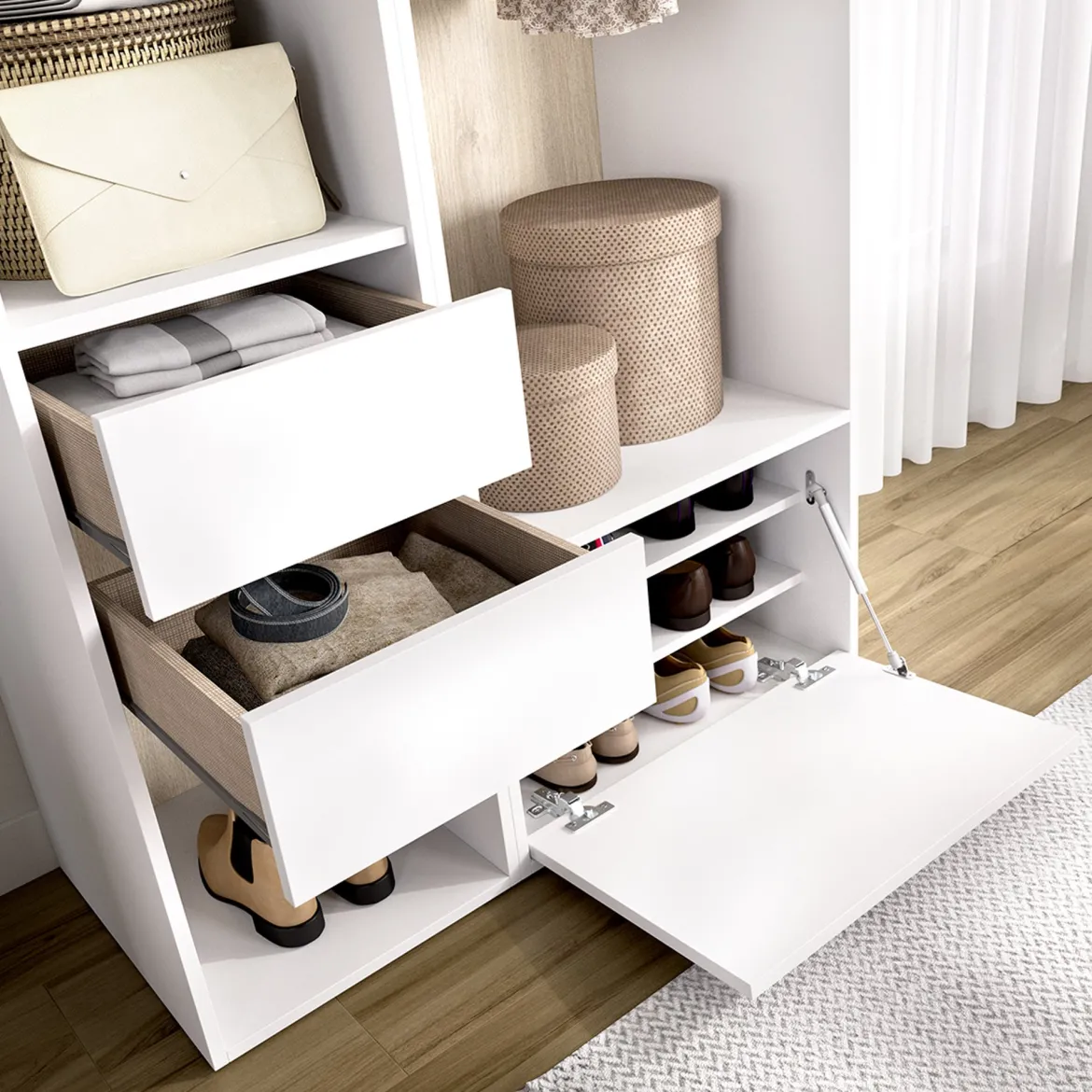 Guardaroba Grande Bianco Marrone Rovere 7 Ripiani Appendiabiti 45x205h cm, 4 Cassetti - Bellwood
