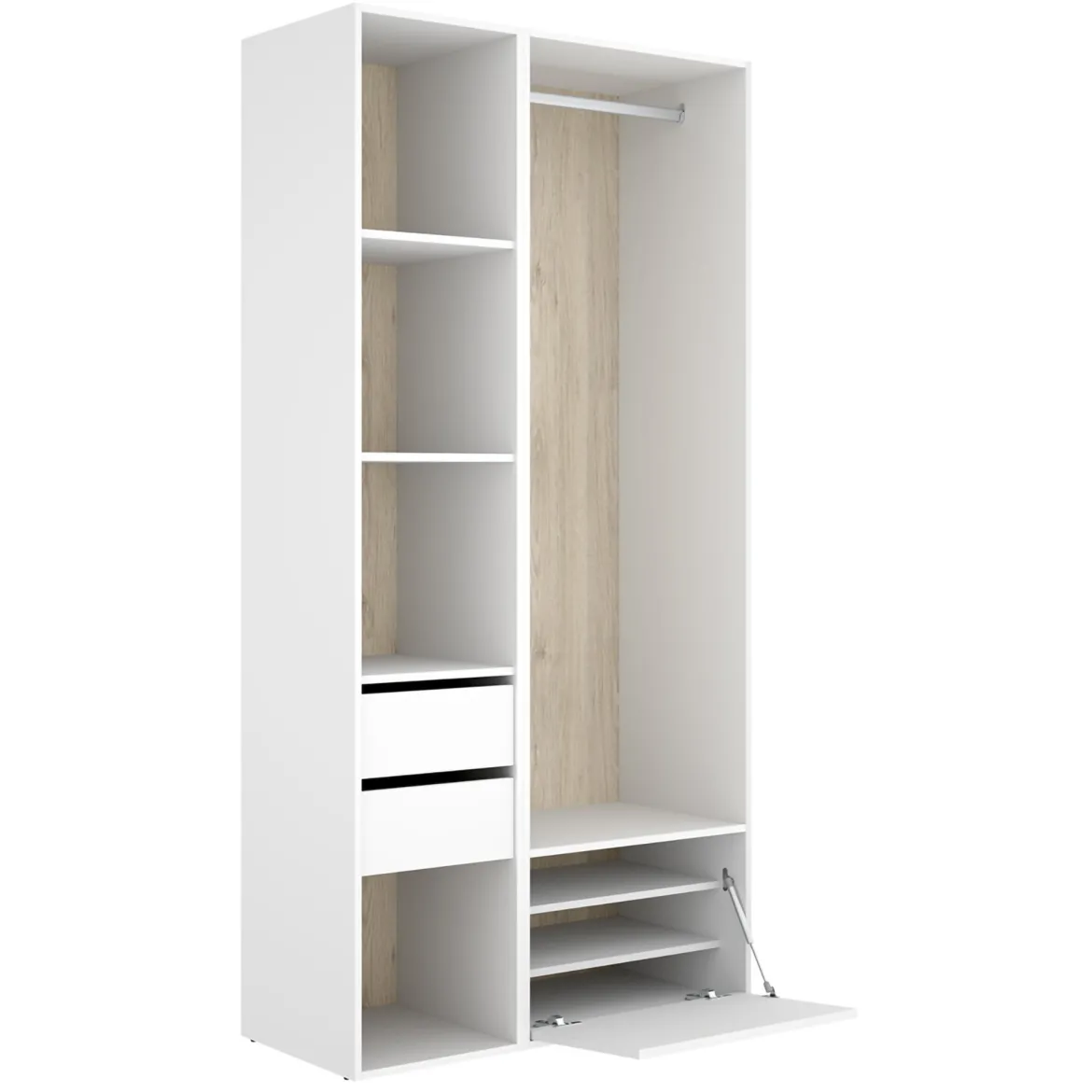 Guardaroba Grande Bianco Marrone Rovere 7 Ripiani Appendiabiti 45x205h cm, 4 Cassetti - Bellwood