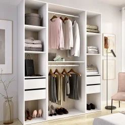 Guardaroba Grande Bianco Marrone Rovere 7 Ripiani Appendiabiti 45x205h cm, 4 Cassetti - Gardiner