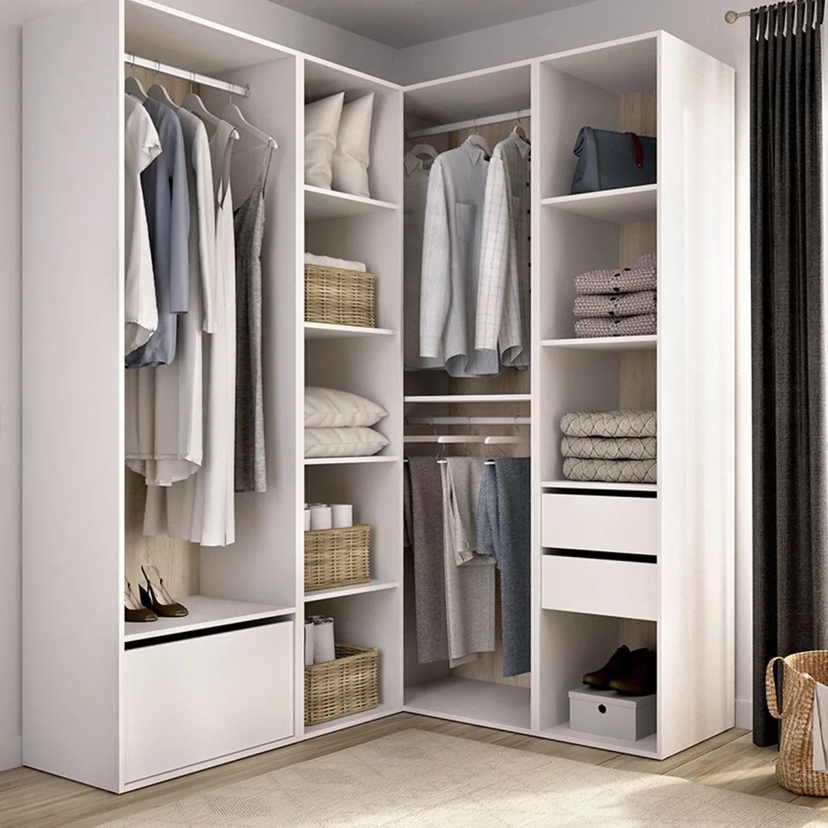 Guardaroba Grande Bianco Marrone Rovere Modulabile 12 Ripiani 186x205h cm, Appendiabiti - Atwood