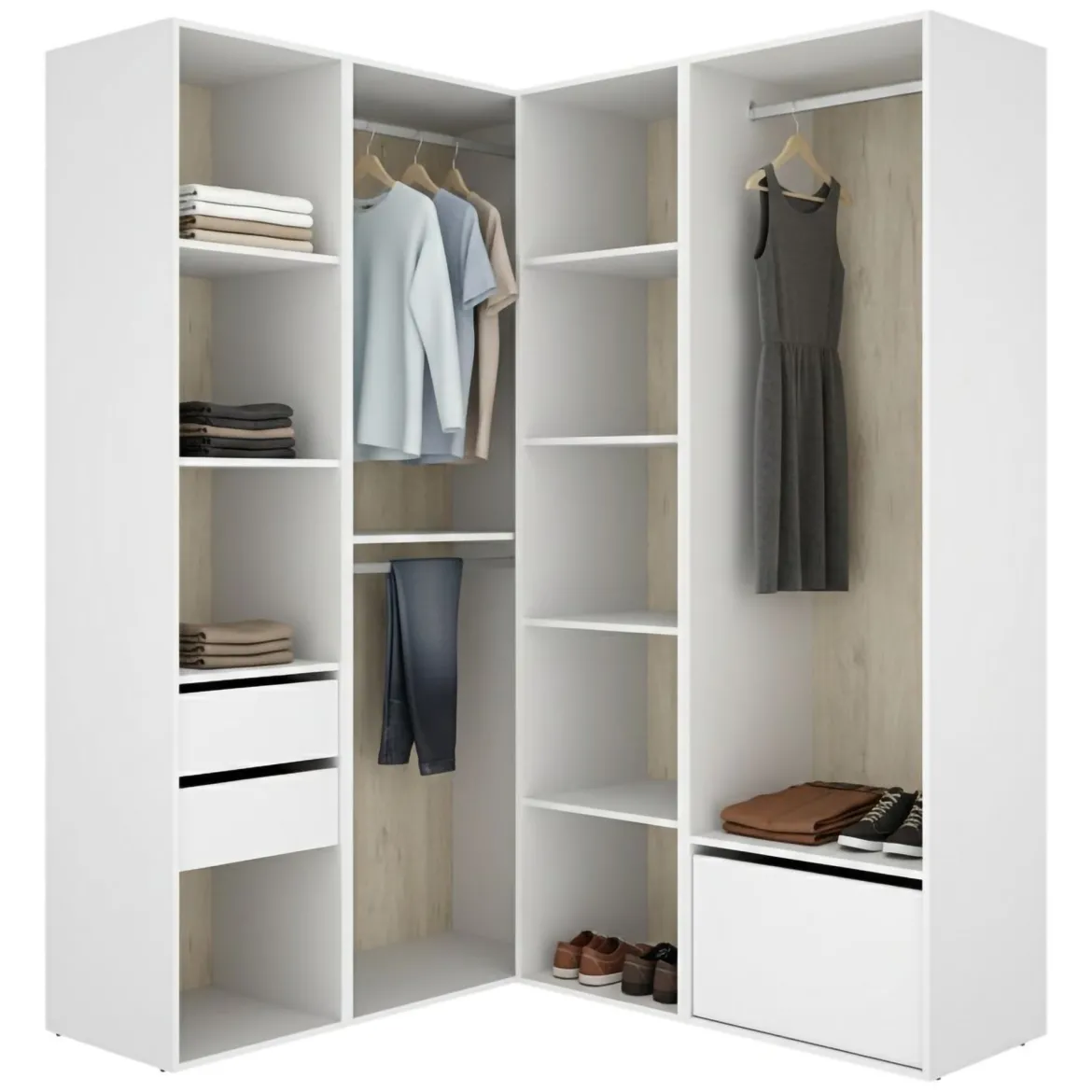 Guardaroba Grande Bianco Marrone Rovere Modulabile 12 Ripiani 186x205h cm, Appendiabiti - Atwood